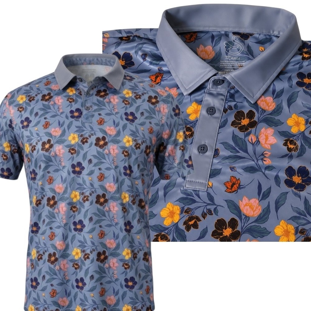 Swannies‎ Golf Polo Men Large Blue Floral Performance Short Sleeve Shirt